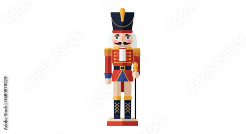Whimsical wooden nutcracker figure standing at attention isolated on white