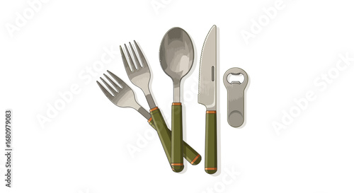 Essential Utensils Set: Fork, Spoon, Knife, and Bottle Opener Isolated