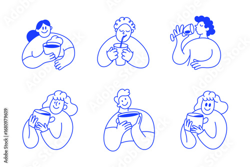 Vector logo design template and graphic element for advertising, branding, posters and banners, funny cartoon illustration with smiling character and mascot, coffee lover, specialty coffee spot emblem