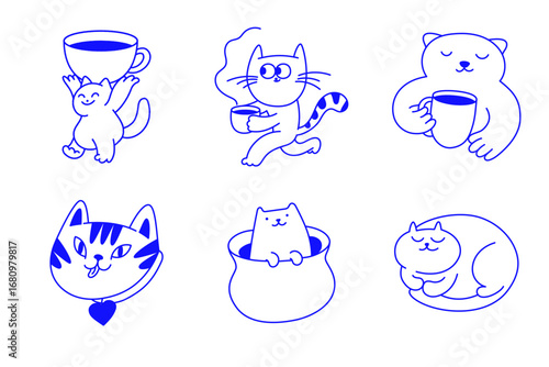 Vector logo design template and graphic element for advertising, branding, posters and banners, funny cartoon cat illustration with smiling character and mascot and coffee