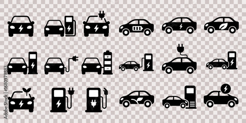 Set of 18 minimalist vector icons of electric cars, plugs and charging stations for apps, web, maps and signage