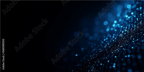 A vibrant blue futuristic wave of glowing light and digital energy creates an abstract texture with fiber optic rays and a motion pattern on a dark background