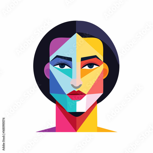 A modern abstract illustration of a woman's face made of colorful geometric shapes, representing diversity and contemporary identity