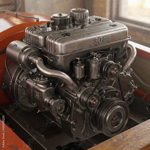 A classic four-cylinder internal combustion engine, representing the pinnacle of vintage mechanical technology and industrial power