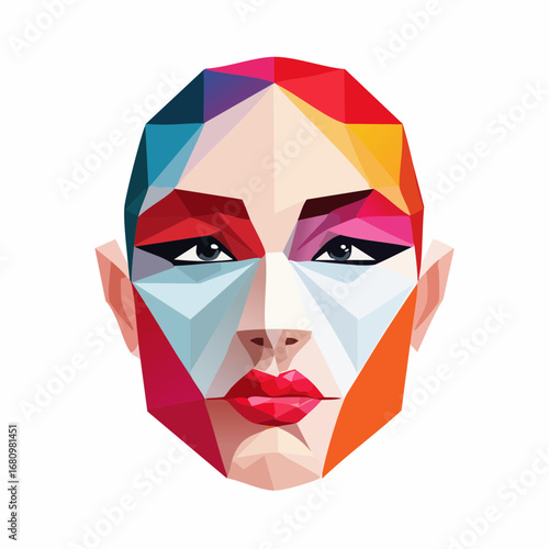 Vibrant low poly illustration of a woman's face with bold makeup. Abstract geometric portrait representing contemporary digital art and modern beauty