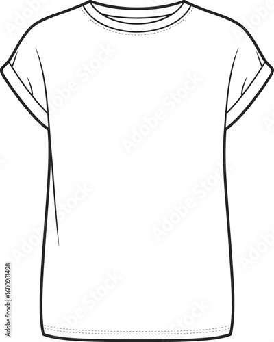 Basic women’s t-shirt with rolled short sleeves, round neck, casual style, comfortable fit, plain design, soft fabric, versatile wear, vector sketch, cad drawing flat vector illustration