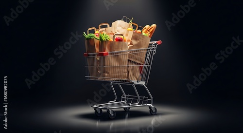 Shopping Cart Filled with Grocery Bags Containing Fresh Produce and Staple Food Items, Set Against Dark Background for Retail, Food, and Commerce Advertising, Highlighting Consumer Shopping Experience
