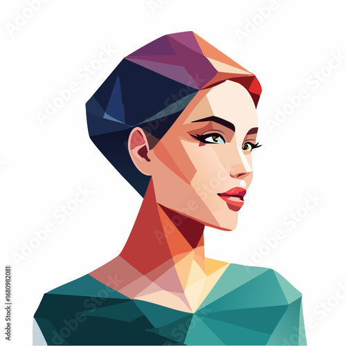 A modern low poly portrait of an elegant woman with short dark hair. Abstract geometric vector illustration of a female face on an isolated white background
