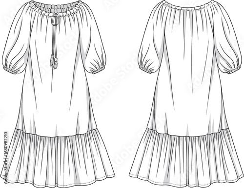 Boho peasant dress CAD drawing, gathered neck and hem, puff sleeves, front and back view, flat vector fashion sketch