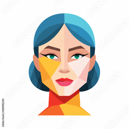 Stylized polygonal face of an elegant woman with blue hair. Abstract contemporary vector art portrait with geometric shapes