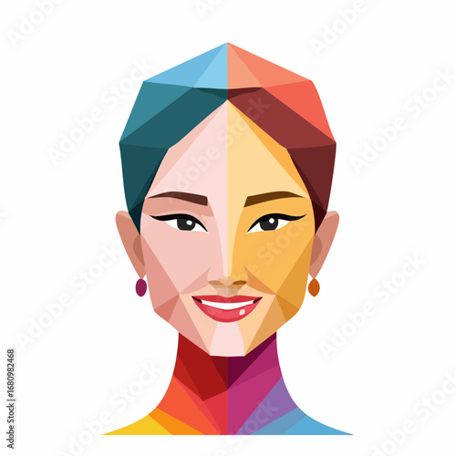 Vibrant low polygon style portrait of a smiling woman's face with a spectrum of rainbow colors in a geometric faceted design