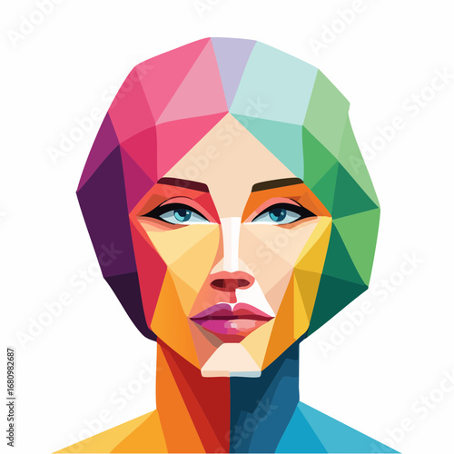 Colorful low poly portrait of a beautiful woman with blue eyes in a modern abstract geometric style, digital art illustration