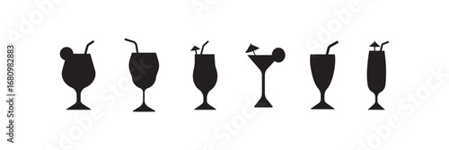 Collection of Cocktail and Drink. mojito glass with mint, margarita rimmed with salt, cosmopolitan with lime slice, old fashioned with orange peel, daiquiri in coupe glass, whiskey sour icon.