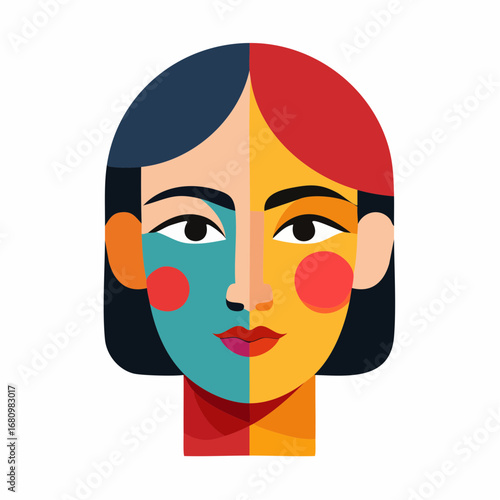 Abstract cubism style portrait of a beautiful woman's face with vibrant, multicolored geometric patterns on a white background