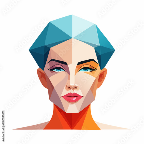 A modern abstract portrait of a beautiful woman's face, rendered in a futuristic low poly style with crystalline blue hair
