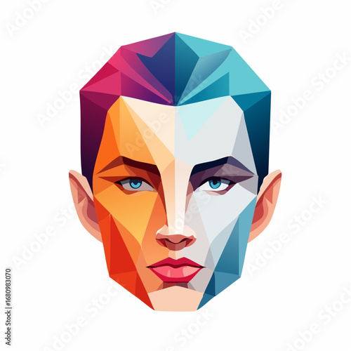 Creative concept of duality represented by a colorful low-poly faceted portrait of a human face with contrasting warm and cool tones