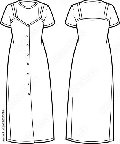 Layered dress flat technical drawing, buttoned midi dress with t-shirt underneath, front and back views, fashion sketch, vector cad illustration
