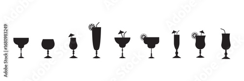 Cocktails icon set. Alcohol cocktail glasses bar set. Black Isolated Glasses of wine, glasses of beer, bar bottles and shot glasses. Vector illustration