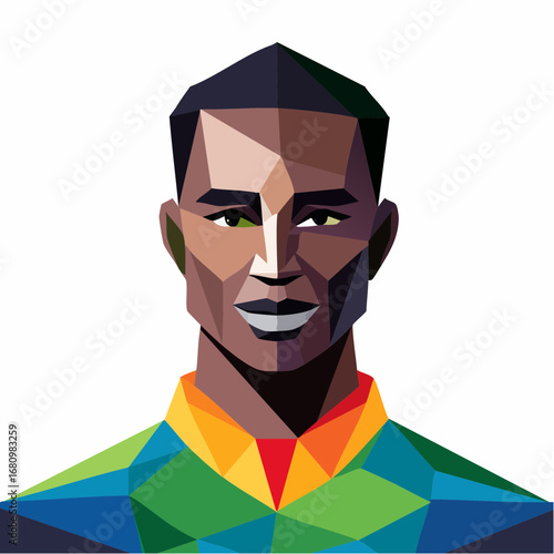 Modern polygonal art portrait of a confident man of African descent wearing a brightly colored shirt