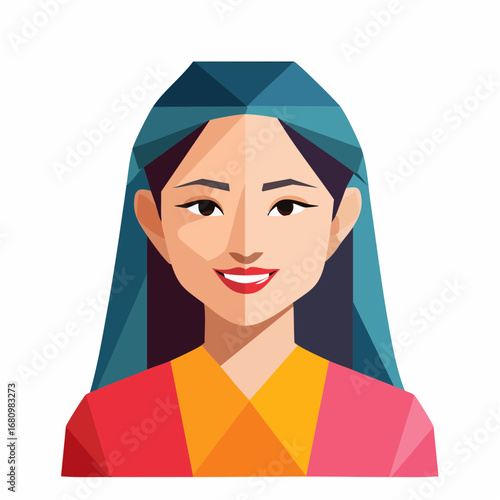 Beautiful Asian woman portrait in a modern low poly geometric style. Stylized female avatar with a friendly smile and colorful clothes