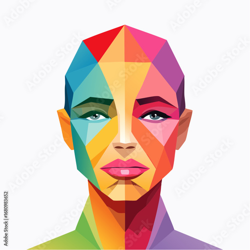 A modern abstract geometric portrait of a woman's face in a low poly style, featuring a vibrant and symmetrical design with a spectrum of colors