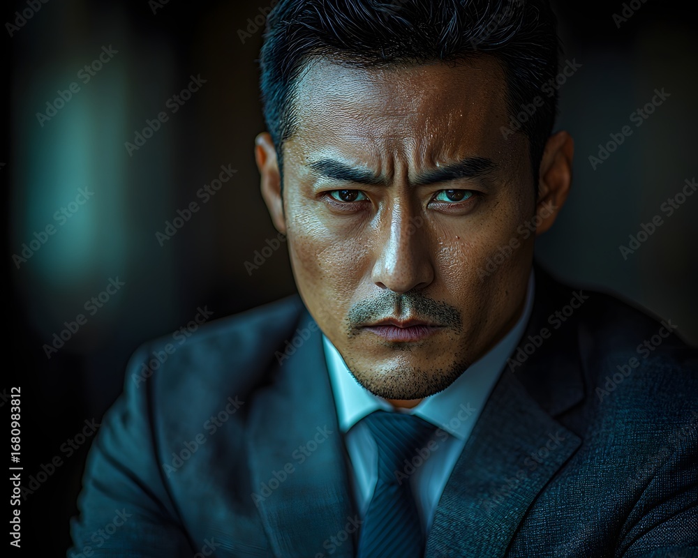 Fototapeta premium Intense portrait of a serious man in a dark suit with a determined and focused expression highlighting ambition