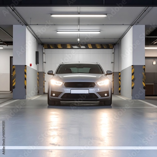 Sleek silver car parked in a modern, well-lit underground parking garage.