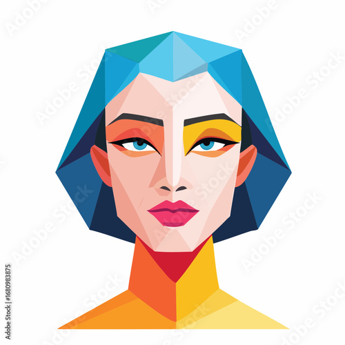 Futuristic portrait of a woman with vibrant blue hair created in a modern low-poly, geometric style, an abstract vector face illustration