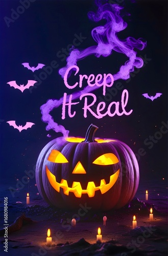 Carved pumpkin with a sinister grin emits an orange glow. Purple smoke curls above, enveloping the text 