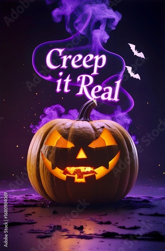Carved pumpkin with a sinister grin emits an orange glow. Purple smoke curls above, enveloping the text 