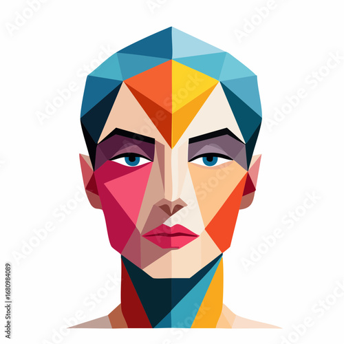 A striking digital illustration of a human face rendered in a vibrant, colorful low-poly style, a modern conceptual portrait