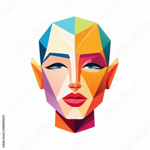 Vibrant colorful geometric portrait of a woman's face created with low poly shapes in a modern abstract style