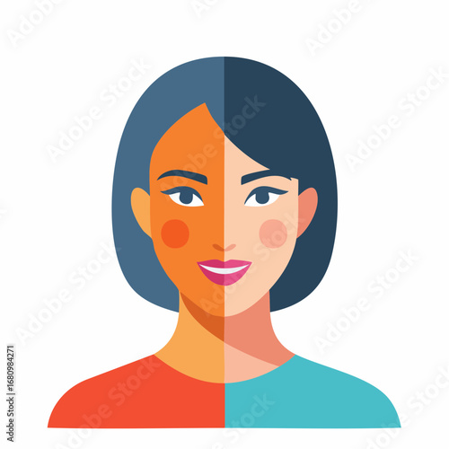 A vibrant illustration depicting a woman's face with contrasting sides, symbolizing the effects of sun exposure, tanning, and skincare protection