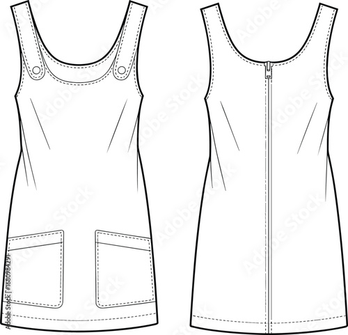 Sleeveless button strap shift dress technical fashion CAD, front and back view, pocket detail, zipper back, flat vector illustration