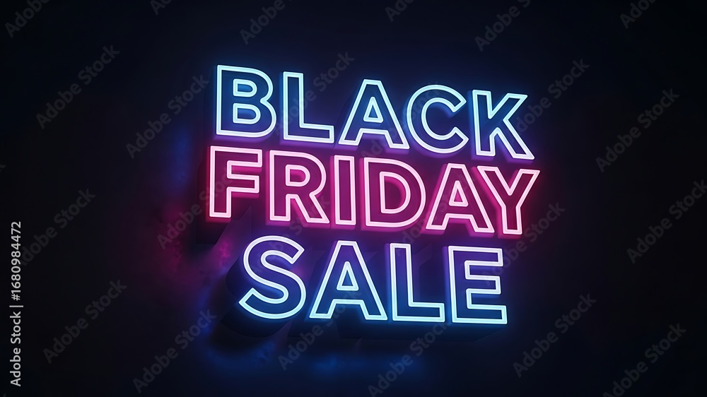 Obraz premium Vivid Neon Black Friday Sale Announcement Sign in Bright Blue and Pink Colors for Holiday Shopping, Black Friday Discount Event, Retail Promotion, Shopping Deal Advertisement, and Festive Sale Banner