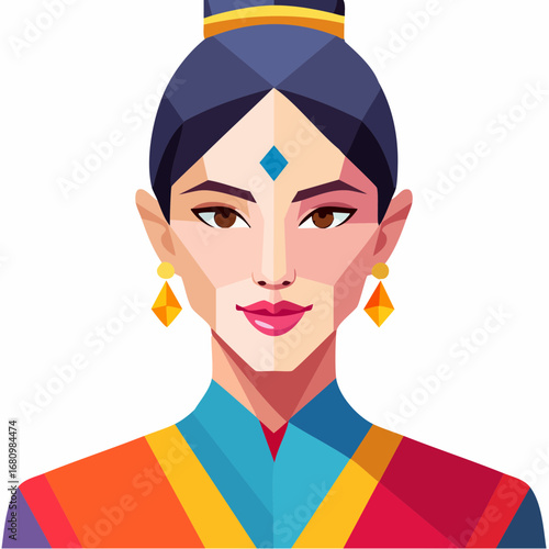 Vibrant geometric vector portrait of a beautiful Asian woman with a traditional hairstyle and elegant jewelry