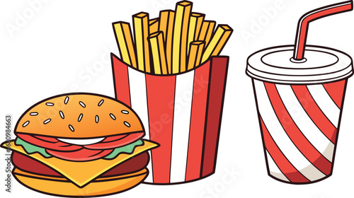 Adobe Illustrator Artwork A vector illustration of a burger, fries, and a soda representing fast food elements