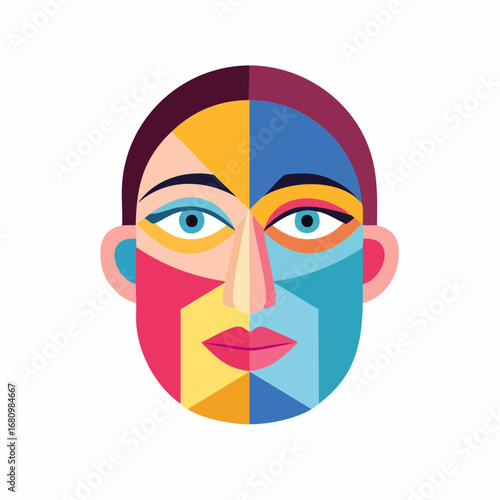 Abstract face illustration with geometric shapes and vibrant colors on a white background