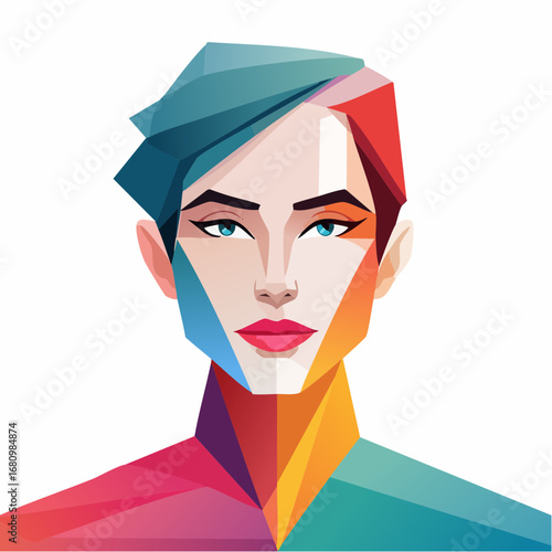 A futuristic and abstract portrait of a beautiful woman, showcasing a modern low-polygon style with vibrant, multi-colored hair and features