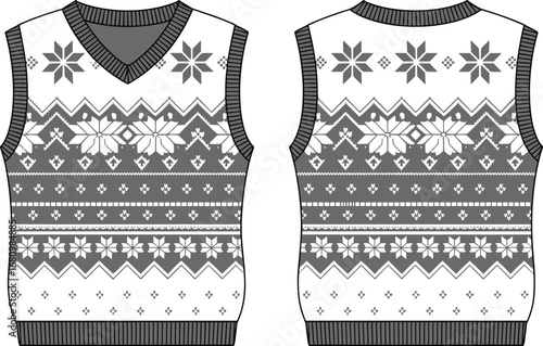Winter sweater vest flat technical drawing, front and back views, knitwear design, fair isle pattern, warm clothing, vector cad illustration