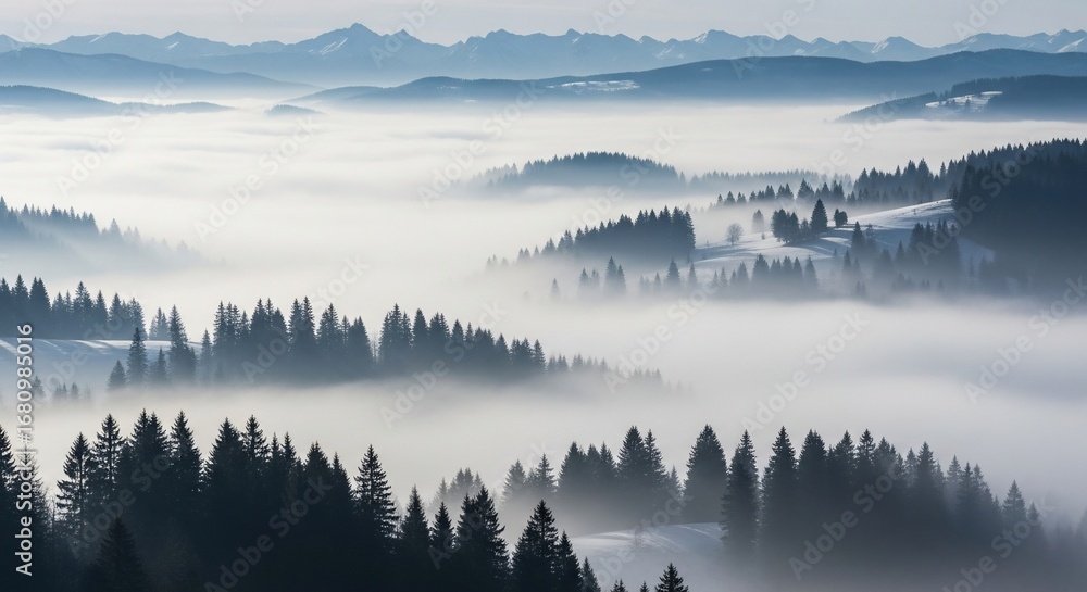 Fototapeta premium Misty Forest Landscape with Distant Mountains in Winter.