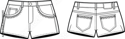 Women’s denim shorts flat technical drawing, front and back views, casual summer clothing, detailed stitch design, vector cad illustration