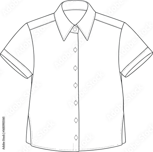 Women’s short sleeve button-up shirt with collar, casual summer blouse, lightweight cotton fabric, tailored fit, simple design, vector sketch, cad drawing flat vector illustration