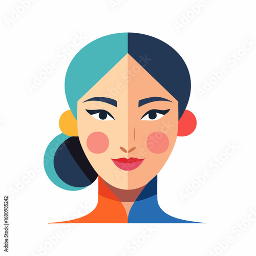 Elegant and modern geometric portrait of a beautiful woman, showcasing a concept of duality with a split vibrant color palette