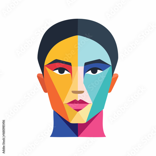 Vibrant pop art portrait of a human face, a colorful and abstract exploration of identity using geometric low-poly shapes on a white background