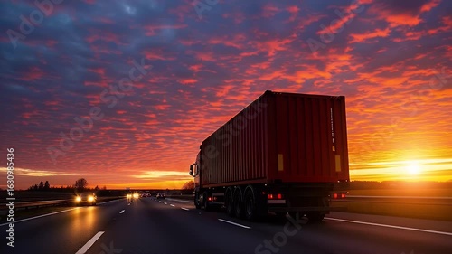 A large red cargo container truck travels down a highway at sunset.