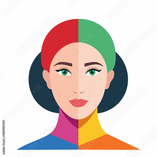 Vibrant abstract portrait of a woman with color blocking symbolizing diverse personality traits, moods, and psychological types