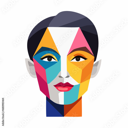 Colorful cubist style vector illustration of a human head with a low polygon mosaic effect, representing modern digital art
