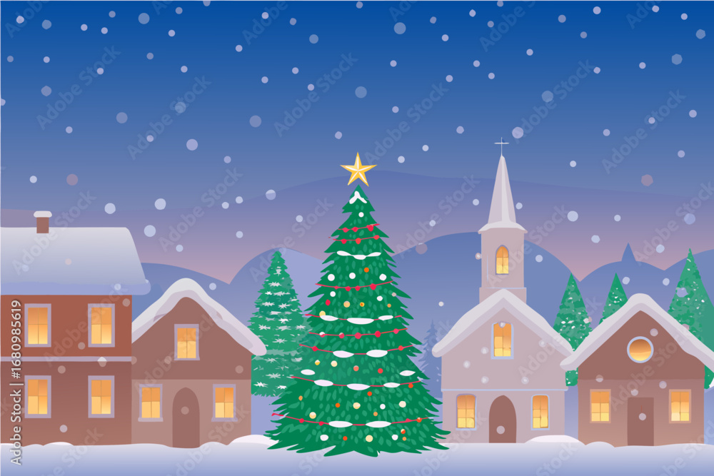 Naklejka premium a cozy village scene with snowfall christmas tree and church