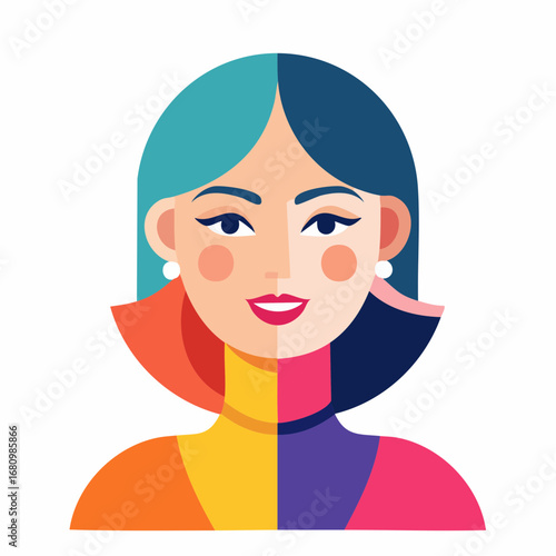 Colorful vector portrait of a smiling woman with vibrant hair, representing modern concepts of diversity, identity, and inclusivity